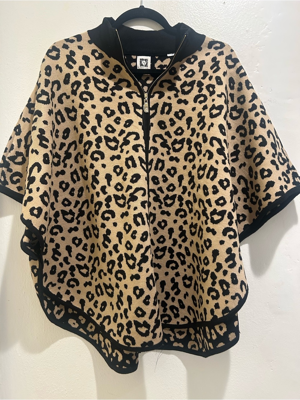 Anne Klein Leopard Print Zip Poncho - Tan & Black